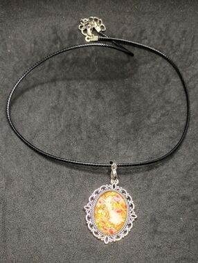 Hand Crafted Yellow Pink Floral Oval Pendant Necklace